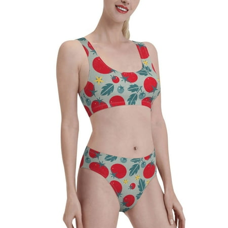 Uemuo Tomato Printed Women s High Waisted Bikini Sets Sporty Two Piece Swimsuits Color Block Cheeky High Cut Bathing Suits-Medium