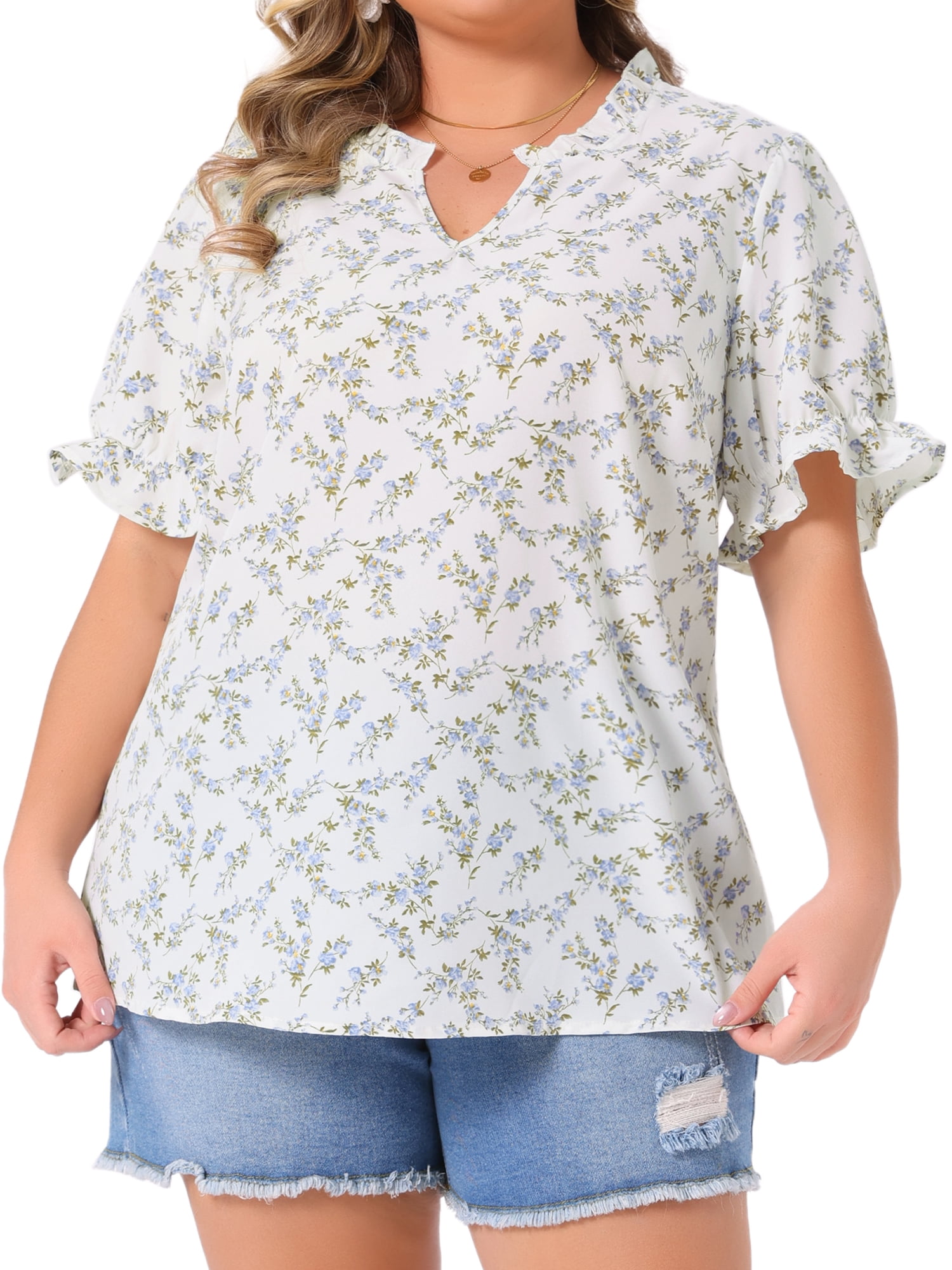 Women's Plus Summer Tops Floral V Neck Ruffle Puff Short Sleeve Casual Blouse Top 1X White