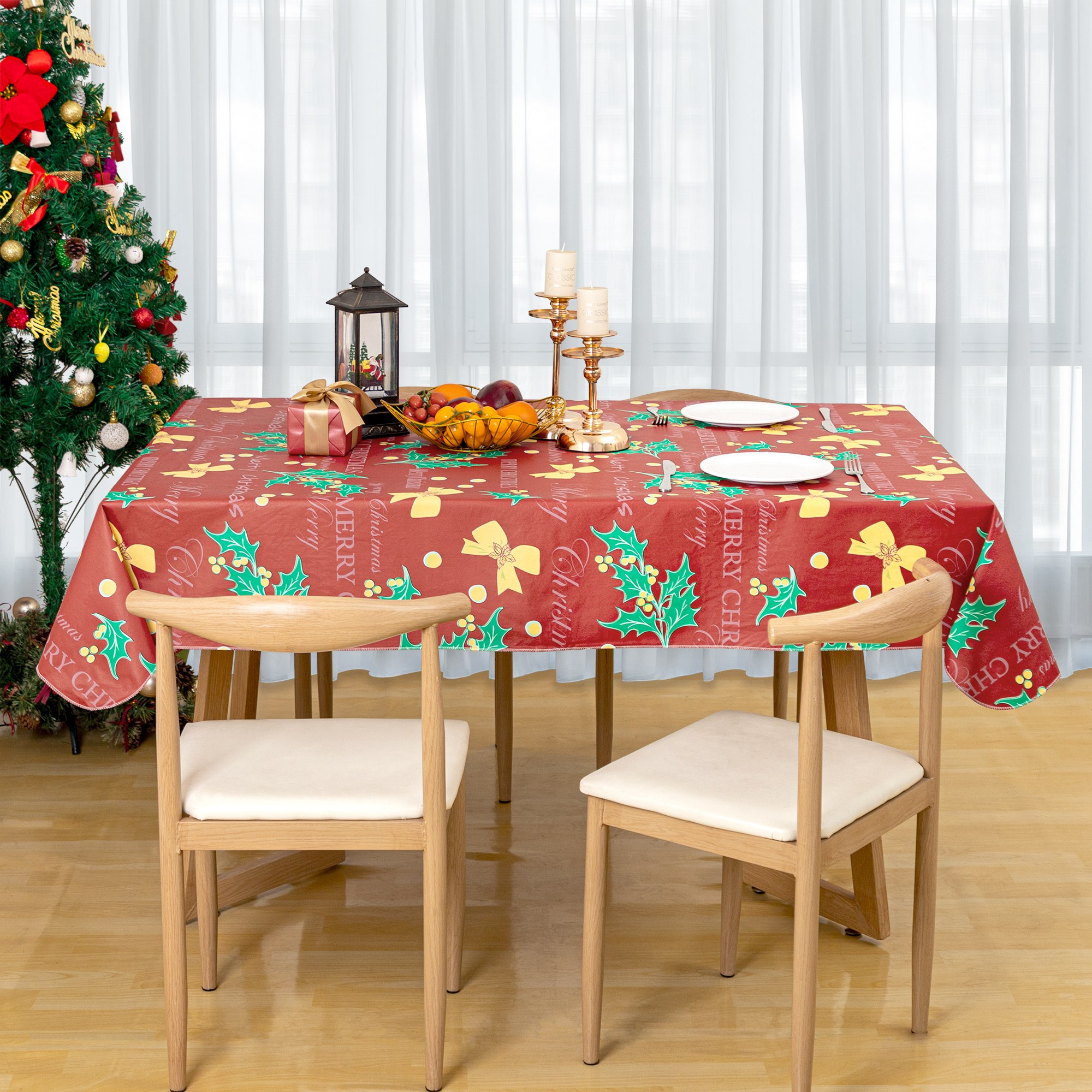 RAY STAR Large Christmas Tablecloth 60x120 inch Flannel Backing 100% Waterproof & Heavy Plastic Table Cover for Dining, Party Dec.