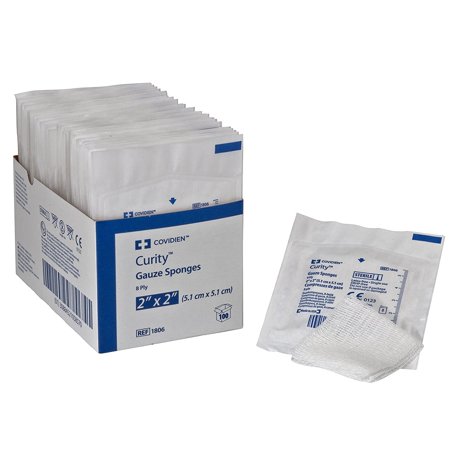 Covidien 1806 Curity Gauze Sponge, Sterile 2's in Peel-Back Package, 2" x 2", 8-ply Pack of 100