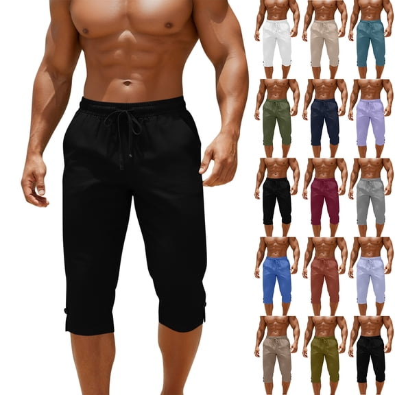 Axiiglly Cotton Linen Capris for Men Drawstring Elastic Waist Summer Lounge Beach Vacation Cropped Pants with Pockets, S-3XL