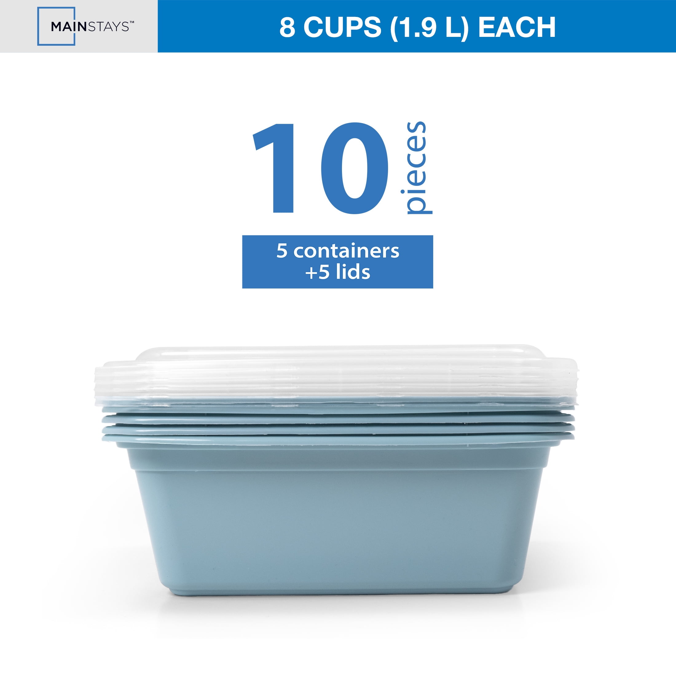 Mainstays 5-Pack Tall Square BPA-Free Plastic Meal Prep Food Storage Containers, 1.9L, Blue Cameo