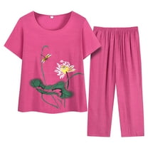 CILENON Sport Clothes for Women Women Summer Middle Aged And Elderly Embroidered Print Loose Fit Short Sleeve Top And Pants Set Womens 2 Piece Outfits Womens Loungewear (Hot Pink,XL)