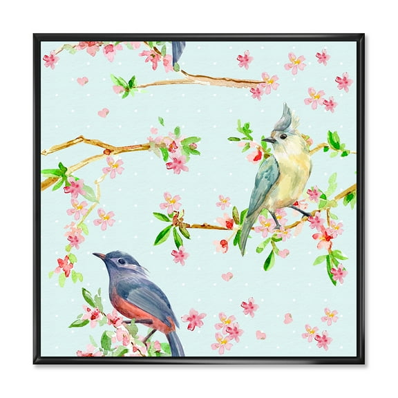 Designart 'Birds and Flowers Pattern In Blue' Traditional Framed Canvas Wall Art Print
