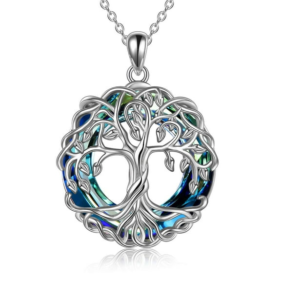 Tree of Life Necklace for Women Sterling Silver Celtic Knot Family Tree With Blue/Purple/Volcano Crystal Irish Gifts for Mom Wife Birthday