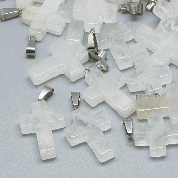 5pc Natural Quartz Crystal Pendants Rock Crystal Pendants with Stainless Steel Snap On Bails Cross 29~30x18~19x5~6mm Hole: 6x4mm DIY