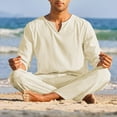 thumbnail image 4 of Aunavey Men's 2 Pieces Cotton Linen Set Henley Shirt Long Sleeve and Casual Beach Pants Summer Yoga Outfits, 4 of 7