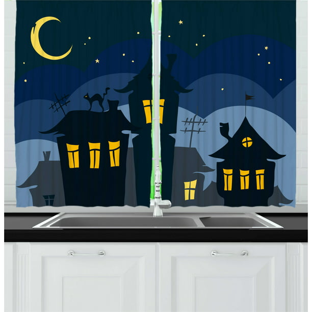 Halloween Kitchen Curtains, Old Town with Cat on the Roof Night Sky Moon  and Stars Houses Cartoon Art, Two Panels Drapes with Rod Pocket Room Decor,  55