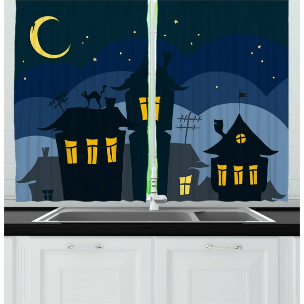 Halloween Kitchen Curtains, Old Town with Cat on the Roof Night Sky Moon and Stars Houses Cartoon Art, Two Panels Drapes with Rod Pocket Room Decor, 55 Halloween Kitchen Curtains, Old Town with Cat on the Roof Night Sky Moon and Stars Houses Cartoon Art, Two Panels Drapes with Rod Pocket Room Decor, 55