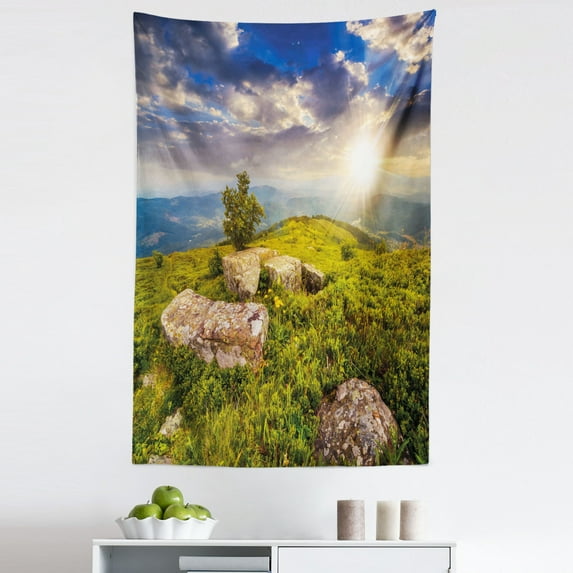 Mountain Tapestry, Small Tree Behind Boulders Hillside Grass Greenery Meadow Scenic Dramatic, Fabric Wall Hanging Decor for Bedroom Living Room Dorm, 5 Sizes, Green Yellow Blue, by Ambesonne