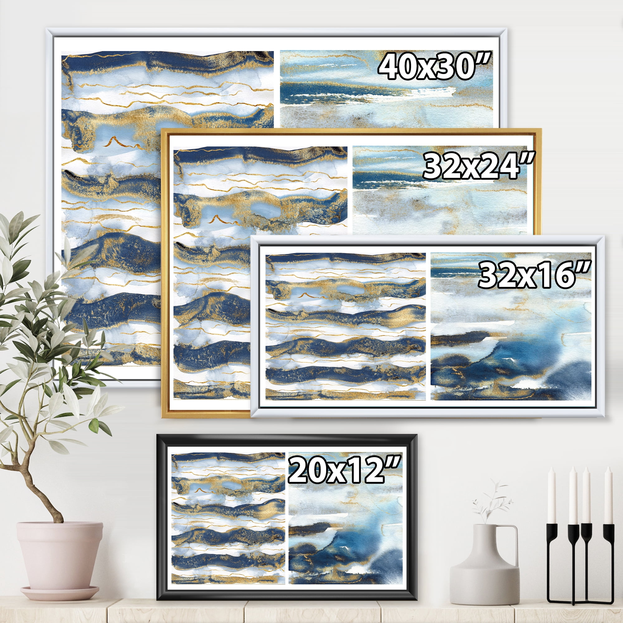 Designart 'Gold and Dark Blue Abstract Waves II' Modern Framed Canvas Wall Art Print