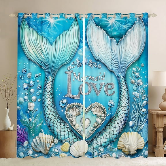 Erosebridal Mermaid Tail Curtains and Drapes (38x45), Dreamy Princess 30%-50% Blackout Curtains for Bedroom, Ocean Theme Curtains for Living Room, Bedroom Curtains Room Decor