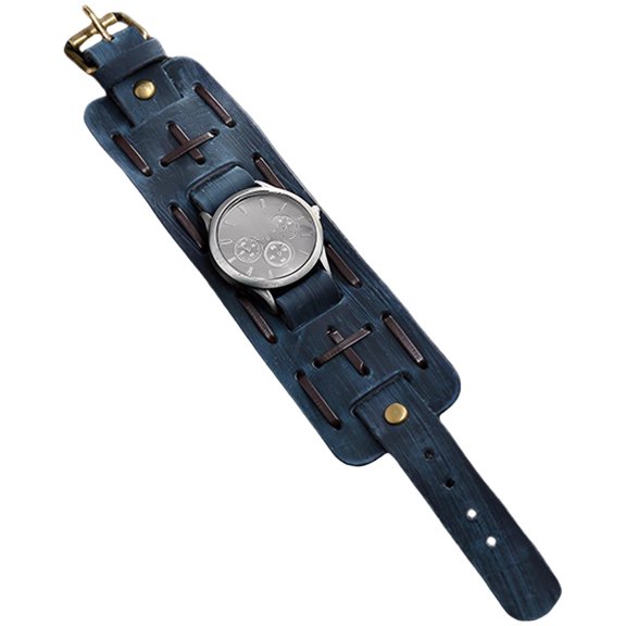 Men's Watch Wide Leather Cuff, Blue Vintage Bracelet Wristwatch with Braided Details, Quartz Movement, 9.8-10.2 In / 25-26 Cm