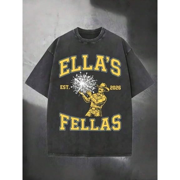 Black Ellas Fellas Western Graphic T-Shirt, Oversized Crew Neck Cotton Tee For Men
