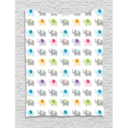 Nursery Tapestry, Cute Elephants in Various Color Combinations Animal Fun Children Friendly Design, Wall Hanging for Bedroom Living Room Dorm Decor, 40W X 60L Inches, Multicolor, by