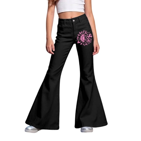 Tfken Child Soft Comfy Pants School Daily Wear Flare Denim Pants Girls With Pockets Stretch Fashion Graphic Print Kids Casual Clothes Size 5-6 Years Black