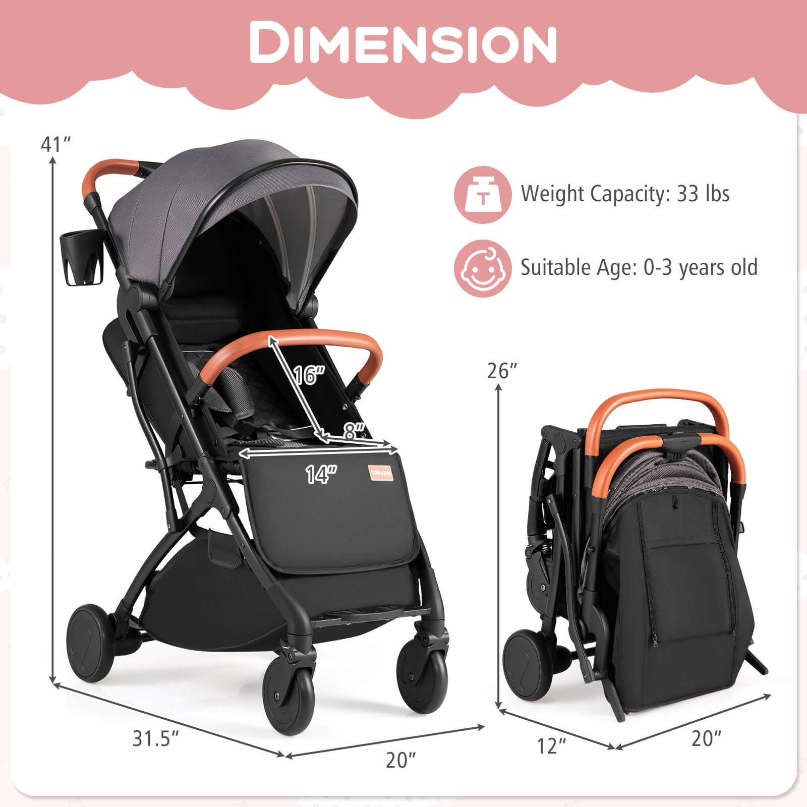 Infans Lightweight Baby Stroller w/One-Hand Folding, Extendable Canopy, Storage Baske