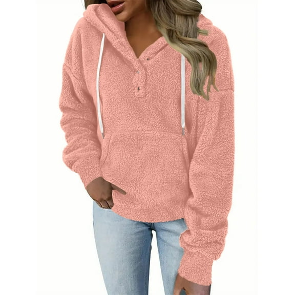 BiZtdJrK Womens Oversized Sherpa Pullover Hoodie with Pocket Quarter Button Fuzzy Fleece Drawstring Sweatshirts Black L