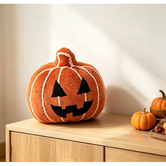 Pumpkin Throw Pillow, Halloween Decorative Cushion with Embroidered Face, Soft Orange Plush Pumpkin Shaped Pillow for Sofa Couch Bedroom Fall Harvest Home Decor