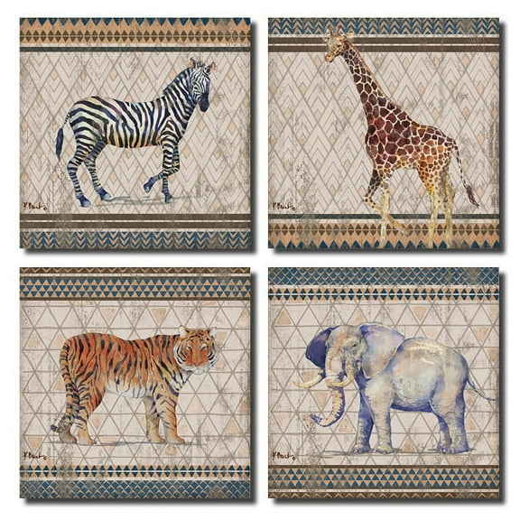 Vintage Tribal Tiger, Lion, Zebra, and Elephant on a Patterned Background Posters; Four 12x12in Prints. Brown/Blue