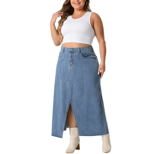 Agnes Orinda Women's Plus Size Vintage Denim Maxi Skirt Frayed Raw