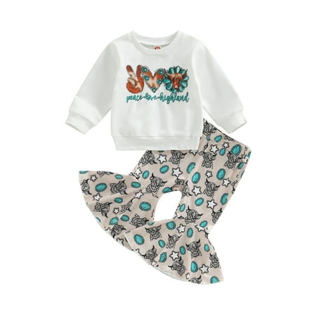 

Arvbitana Toddler Girls Pants Set Long Sleeve Letters Print Shirt Sweatshirt Pullover Top+ Flare Pants 2 Pcs Outfits Spring