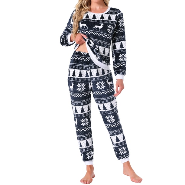 Conjuntos de pijama para mujer INSPIRE CHIC, parte superior de manga larga y pantalones de franela impresos, pijama térmico de Navidad de 2 piezas, 2XL, color azul marino con copos de nieve