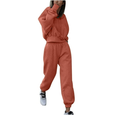 Winter Savings Clearance! Suokom Two Piece Outfits for Women 2 Piece Outfits Casual Sweatsuit Pullover Hoodie Sweatpants Sport Outfits Lounge Workout Sets for Women Red S
