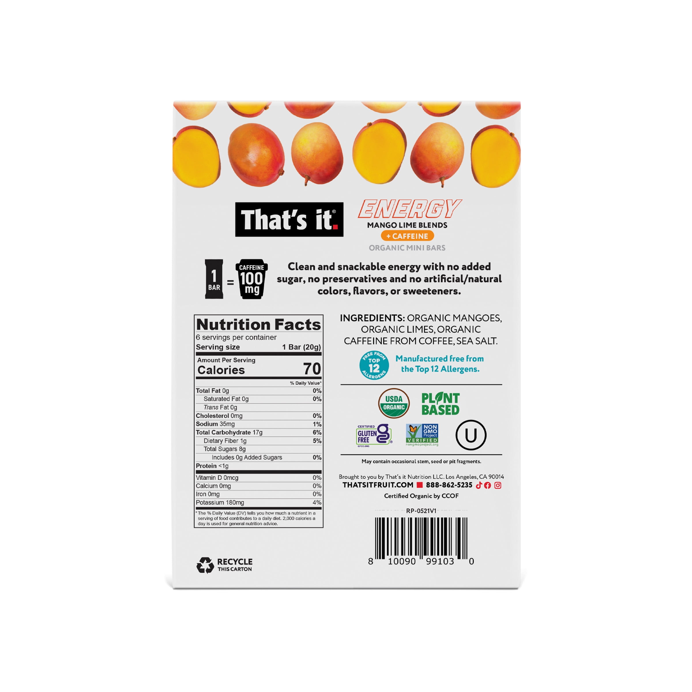 That's it. Gluten-Free Soft & Chewy Ready-to-Eat Mango Lime Blends Energy Fruit Bars, .7oz, 6 Count Shelf Stable Box