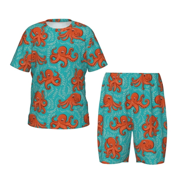 Balery Fun Octopus Conjunto de Pijama Infantil de Manga Corta con Estampado – Ropa de Dormir de Algodón Suave-Small