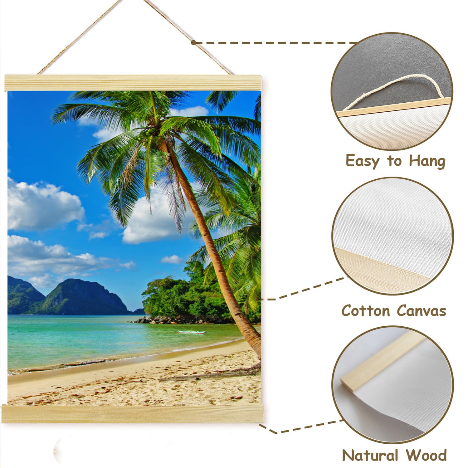 Beach Canvas Scroll Hanger Wall Art Pictures for Living Room Large Ocean Hanging Painting for Bedroom Blue Tropical Palm Tree Art Print Coastal Theme Artwork for Home Office Decoration