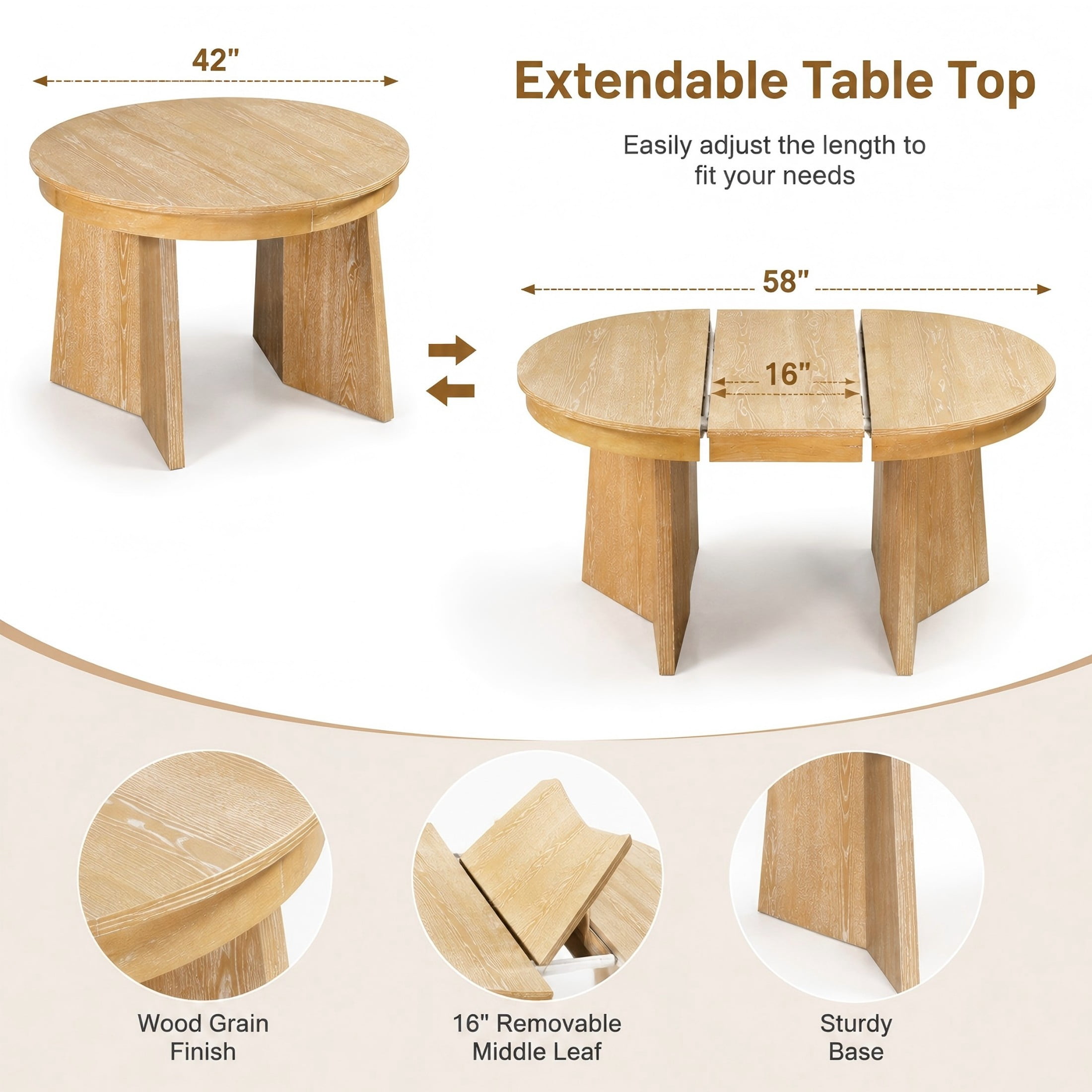 Aukfa 5-Piece Extendable Dining Table Set for 4, Kitchen Round Table with 4 Upholstered Rattan Back Chairs, Retro Dining Room Furniture, Natural Wood
