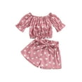 thumbnail image 1 of Mialoley Toddler Girls Summer Outfit Sets Short Sleeve Off Shoulder Tops + Heart Print Shorts with Belt, 1 of 9