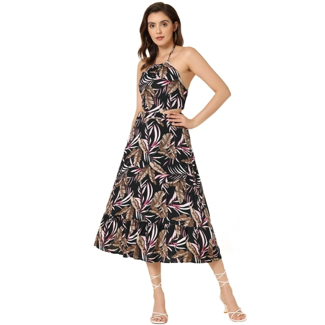 Vestido midi bohemio con cuello halter y cintura recortada de verano para mujer Multicolor Negro XL