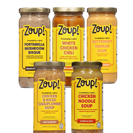 Zoup! Soup Variety Pack - 5 Shelf-Stable Flavors  (Chicken & Riced Cauliflower, Chicken Noodle, Portobello Mushroom Bisque, White Chicken Chili, and Butternut Squash Soup) 16 oz Each