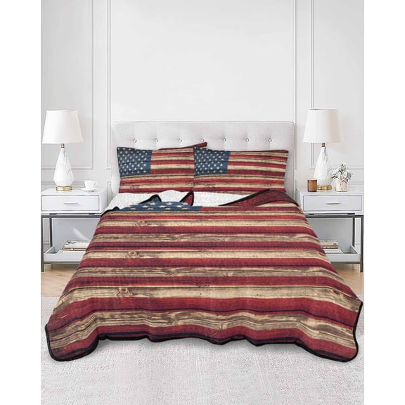 Quilts Twin Size, Vintage American Flag Soft Comforter Bedding Set for Bed, Retro Red Blue Flag Lightweight Quilted Bedspread with Pillow Cover(2 Pieces) for All Season, 68x86 Inch