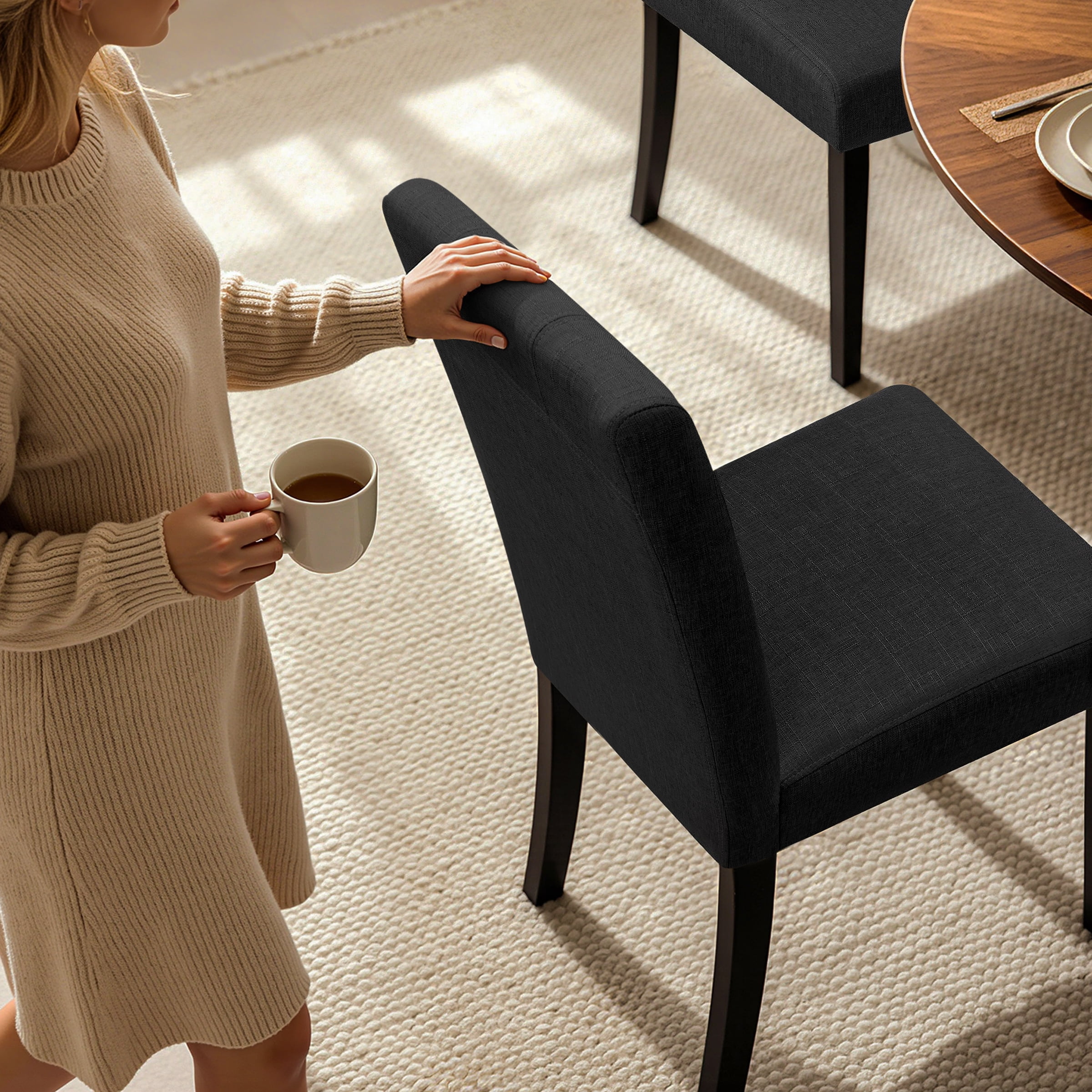 DyFun Linen Upholstered Dining Chairs Set of 2 for Kitchen Dining Room or Apartment Living, Black