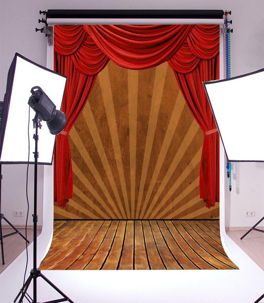 HelloDecor 5x7ft Photography Background Stage Show Red Curtain Backdrop  Stripes Wooden Floor Lecture Speech Graduation Ceremony Students actors  Photographic Shooting Video Stuido Props 