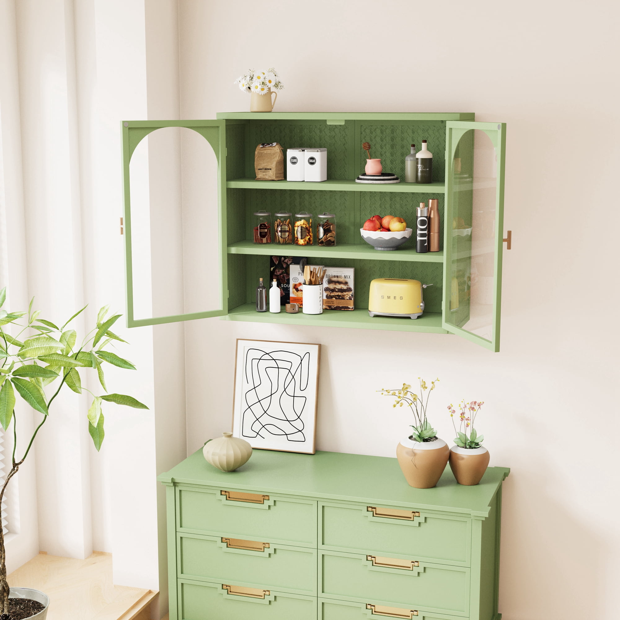 27.56"Wall Cabinet with Tempered Glass Doors, Bathroom Wall Storage Cabinet with Detachable Shelves for Office, Dining, Living Room, Kitchen and Bathroom, Green
