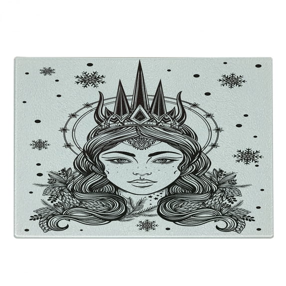 Queen Cutting Board, Fantasy Snow Queen Hand Drawn Art Winter Boho Mythical Print, Decorative Tempered Glass Cutting and Serving Board, Small Size, White and Black, by Ambesonne