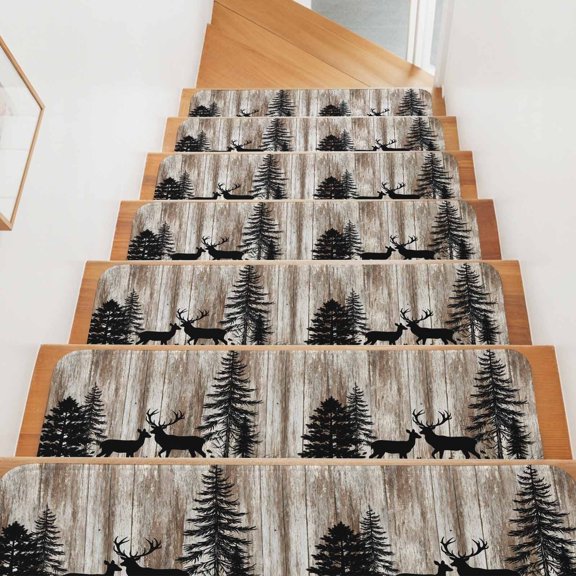 Deer Silhouette Stair Treads Non Slip for Steps Vintage Deer Pine Tree Brown Wood Grain Farmhouse 4 Pcs Reusable Adhesive Stair Runner Mats for Dogs Elders Carpet Treads Rugs for Staircase 8x30 In