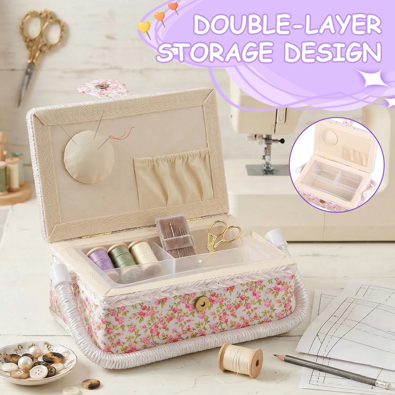 Atopoler Floral Sewing Basket,Vintage Wood Sewing Box with Tray and Handle for Traveling Beginner Professional,No Accessories,Pink Color