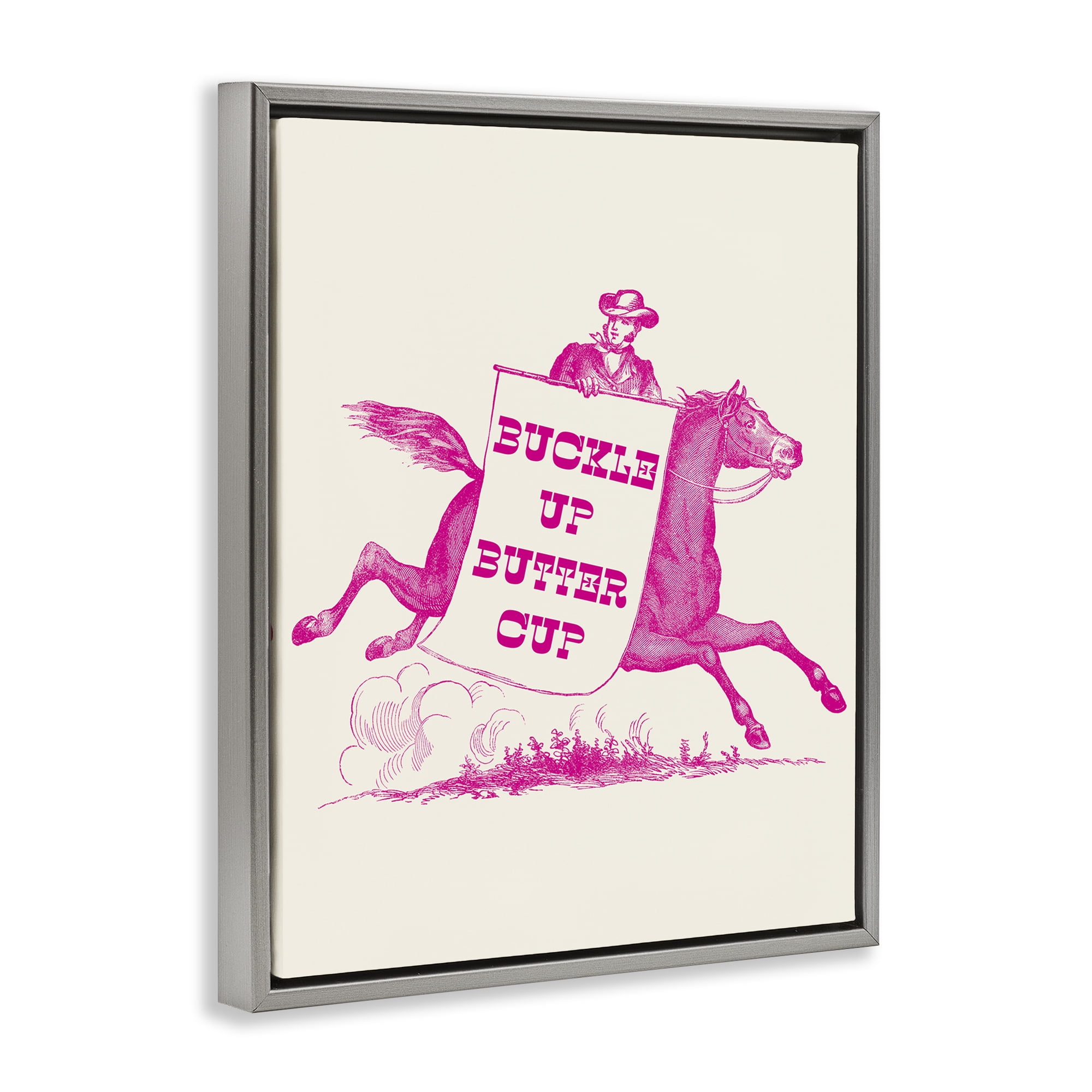 Stupell Industries Buckle Up Buttercup Cowboy Animals Painting Gray Floater Framed Canvas Art Print Wall Art, 25 x 31