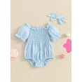 thumbnail image 2 of Bagilaanoe Newborn Baby Girl Summer Rompers Plaid Short Sleeve Off Shoulder Bodysuits + Headband 3M 6M 12M 18M Infant One Piece Jumpsuit, 2 of 7