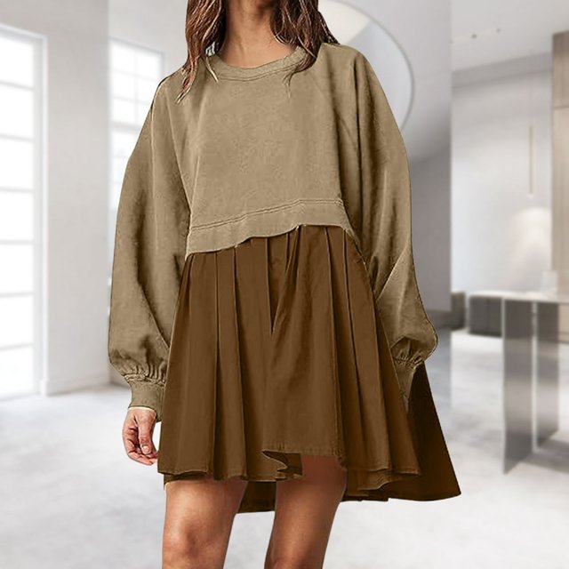 Women Crewneck Ruched Dress Pullover Casual Daily Commuting Dress (Army Green S)