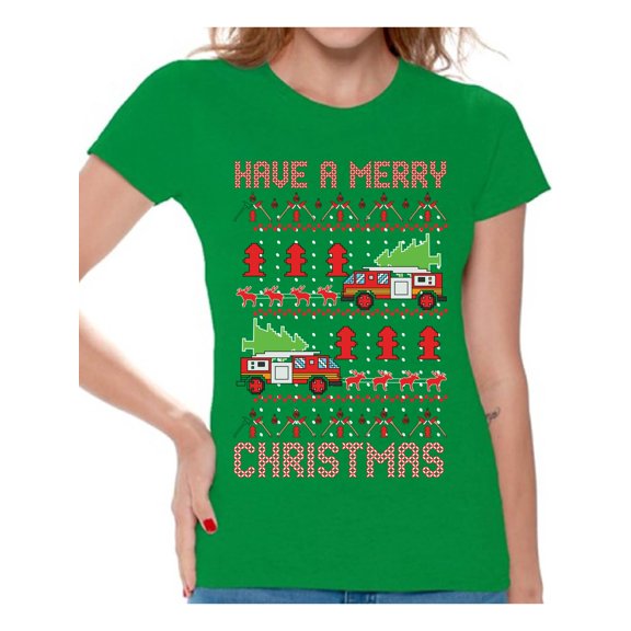 Awkward Styles Christmas Fire Truck Tshirt for Women Firefighter Christmas T Shirt Funny Xmas Gifts for Firefighter Superhero Fire Truck Pulled By Reindeer Shirt Funny Christmas Shirts for Women