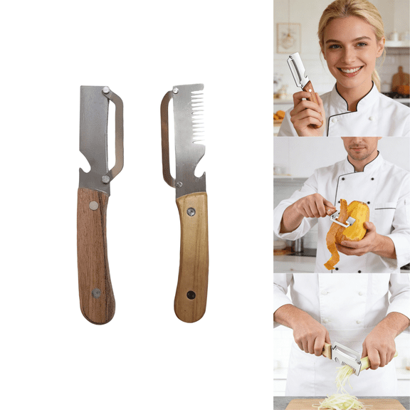 Stainless Steel Fruit & Vegetable Peeler Set of 2, Kitchen Peelers with Wooden Handle, Straight & Shredding Peelers with Built-in Bottle Opener