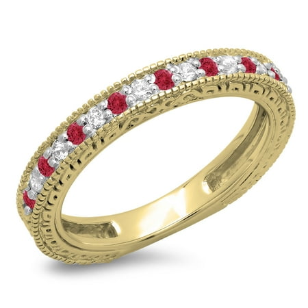 0.33 Carat (ctw) 18K Yellow Gold Round Cut Red Ruby & White Diamonds Ladies Millgrain Anniversary Wedding Stackable Band