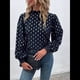 thumbnail image 5 of Camisa Informal Holgada de Larga con Estampado en Caliente para Mujer, Cuello Redondo Plisado Azul Marino M, 5 of 10
