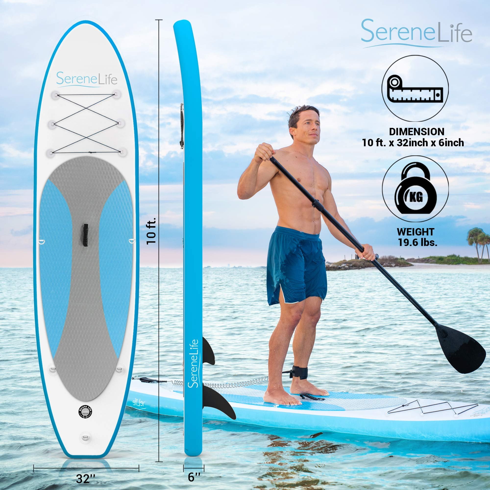 SereneLife Inflatable Stand Up Paddle Board - Wide Stable Design, Non-Slip Deck for Adults & Youth with Premium Paddle Board Accessories: Carry Bag, Dual Action Pump, Paddle, Ankle Leash - 10'